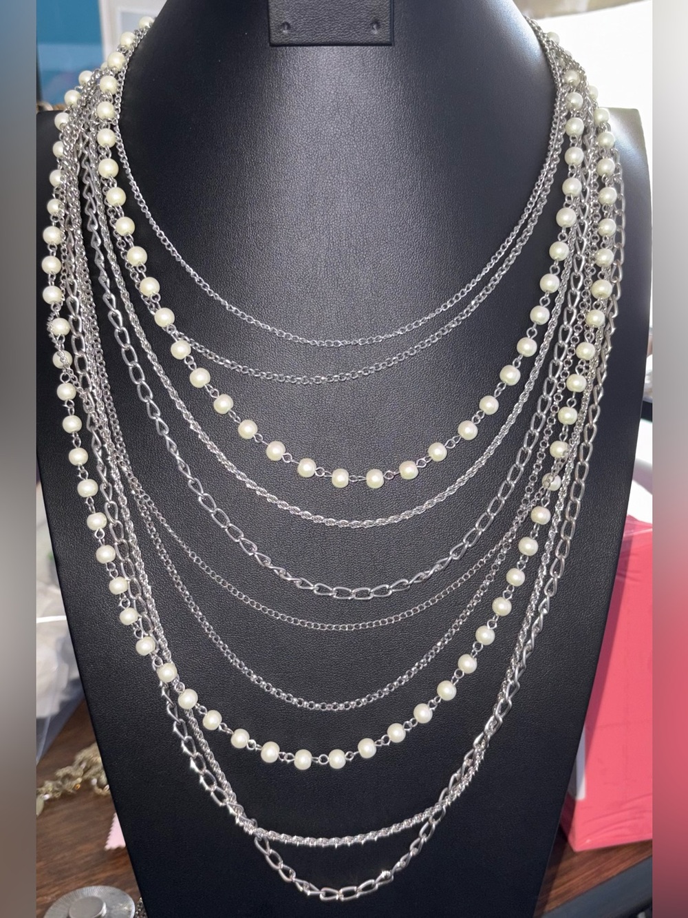 Vintage-Inspired 10-Strand Faux Pearl & Silver Tone Layered Statement Necklace